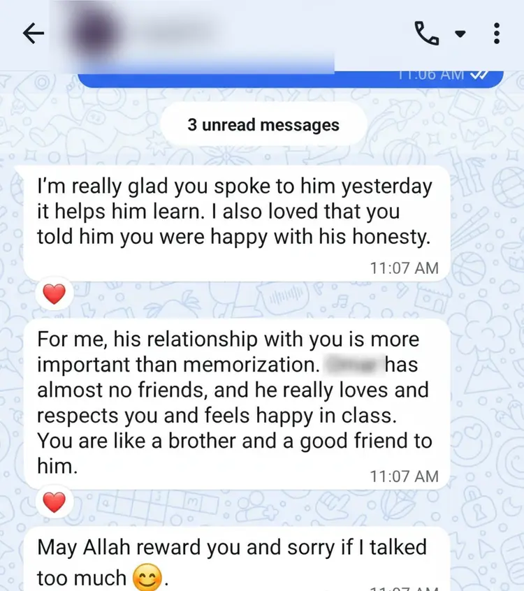 Real parent feedback WhatsApp screenshot (WP-00)
